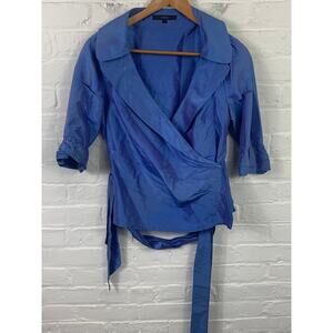 Coast Women's V-Neck Collar 3/4 Sleeve Tie Waist Wrap Blouse Blue Size 10